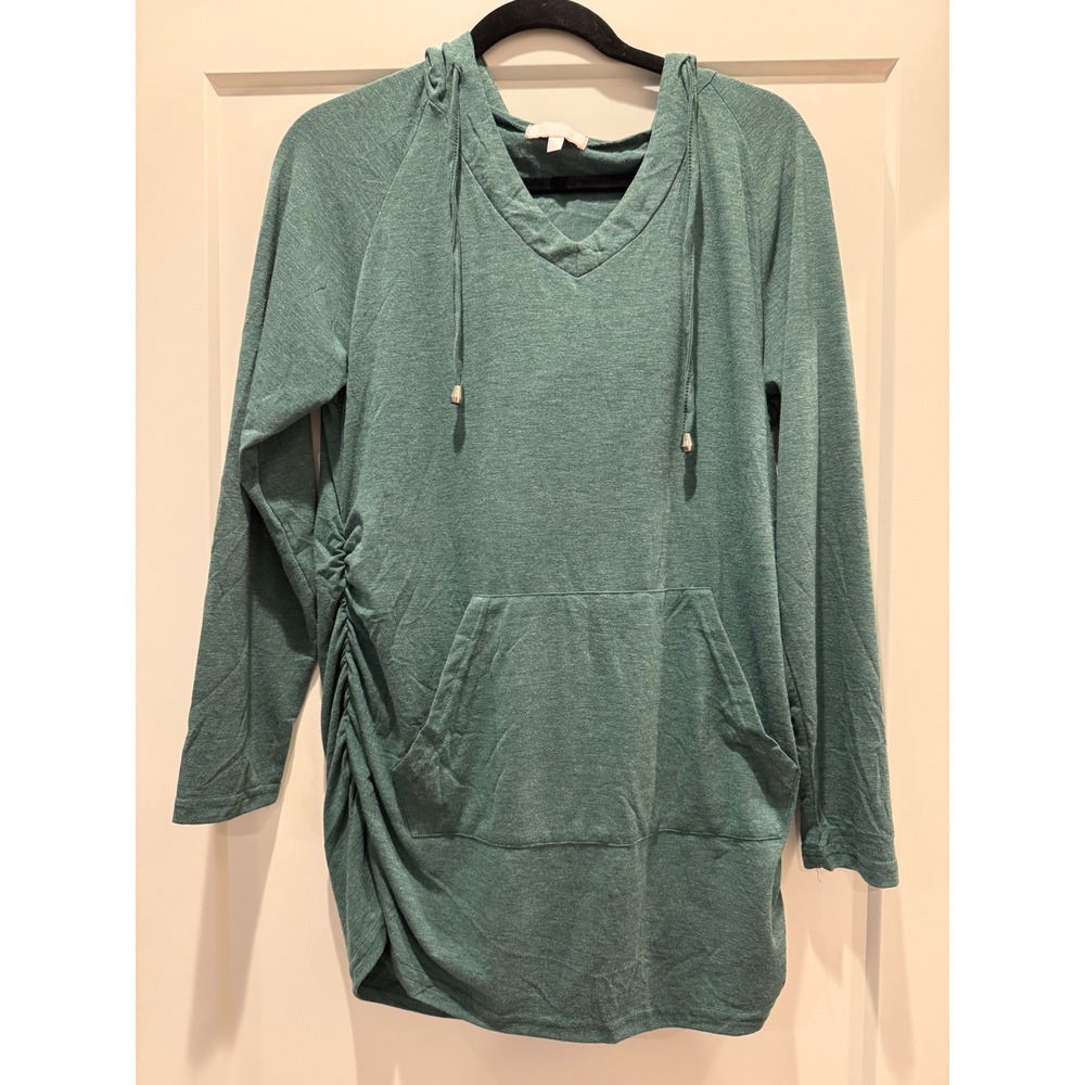 Cozy Casual Green Maternity Tunic Hoodie Ruched Sides Kangaroo Pocket Women's L